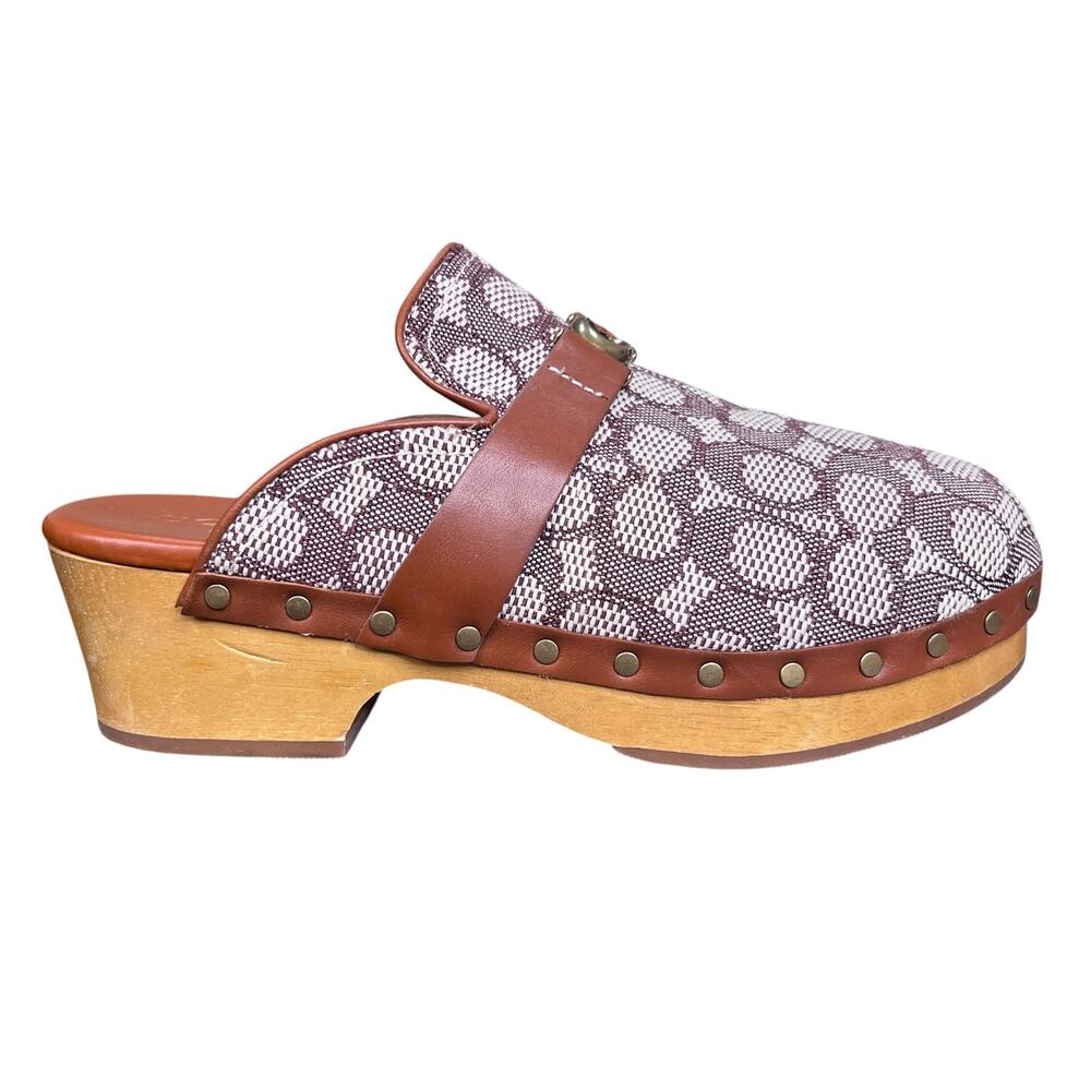 Coach Signature C Brown Canvas Leather Horsebit Slide Mules Size 8.5